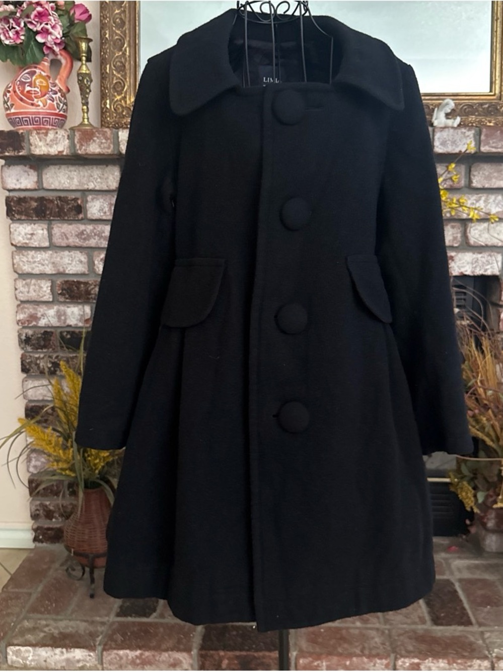 LIMI Feu Black wool Peacoat Japanese Big Button Princess Cut Overcoat Sz Small